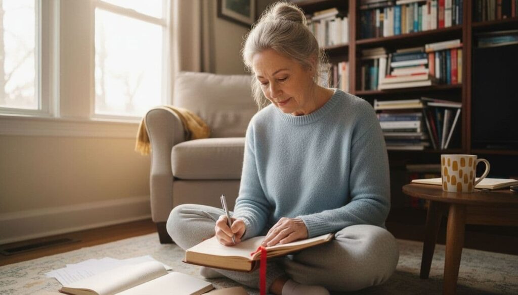 Older woman journaling on the floor in a cozy living room during a quiet morning reflection.