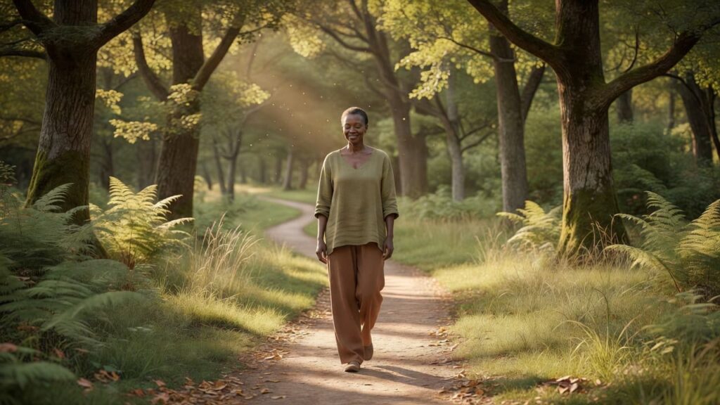 Woman walking peacefully along a sunlit forest path surrounded by trees and greenery.