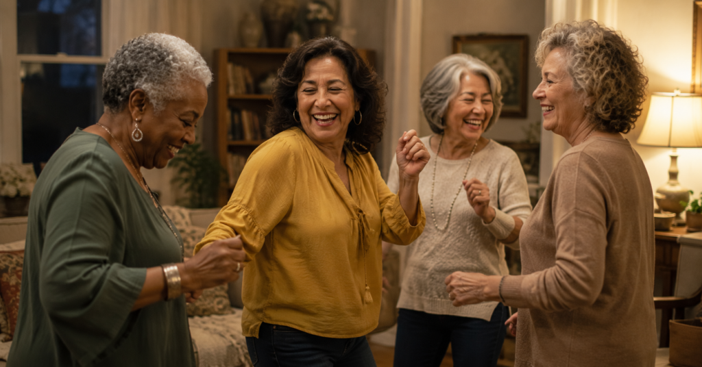 Group of women over 50 laughing and dancing together at a social gathering.
