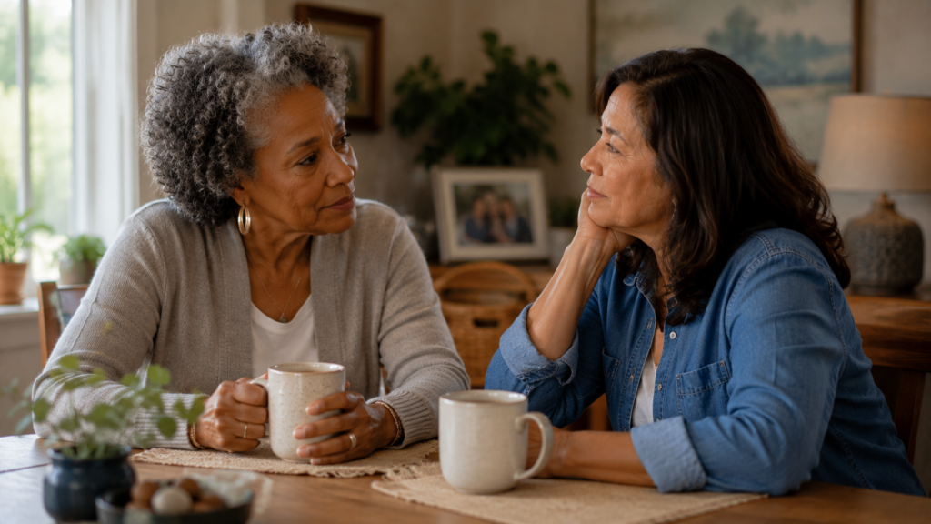 Two women over 50 having a supportive conversation over coffee at home.
