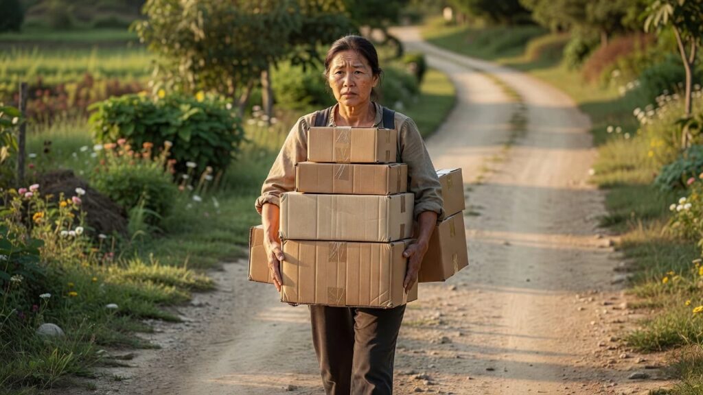 Woman carrying multiple boxes alone on a rural road.
