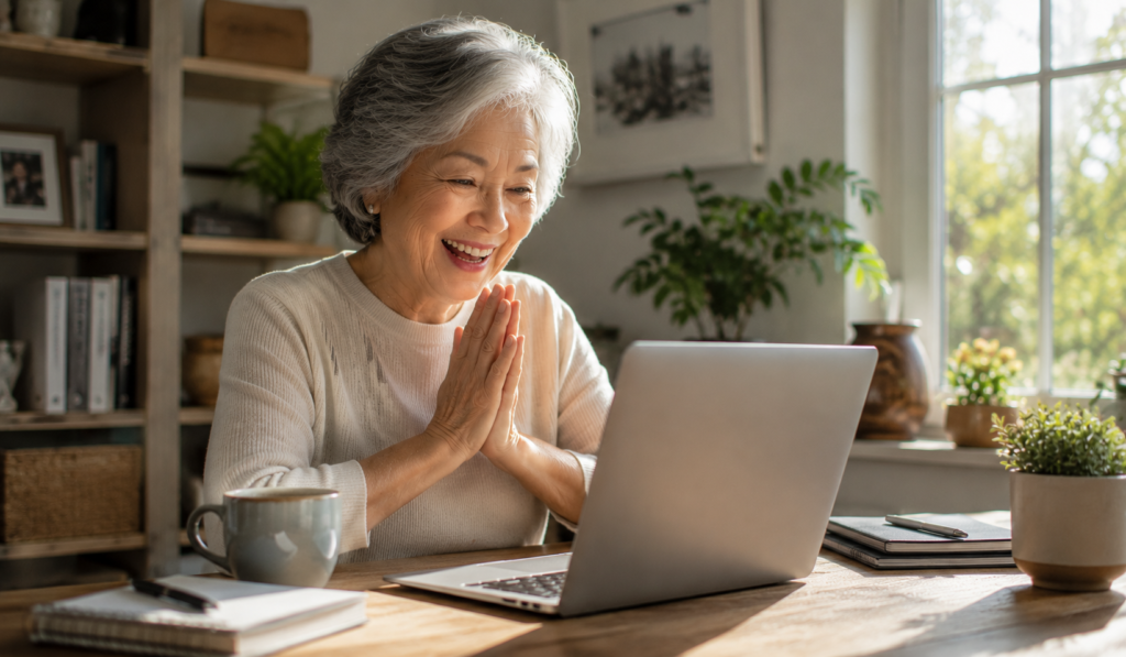 Woman over 50 enjoying a virtual conversation from her home office.