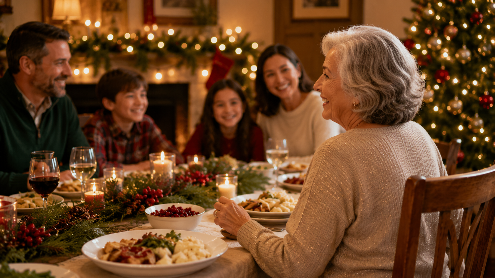 Smiling older woman enjoying a festive holiday meal with family gathered around the table.