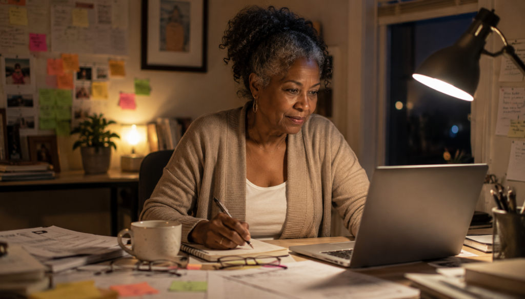 Older entrepreneur reviewing ideas and taking notes while working on her laptop.