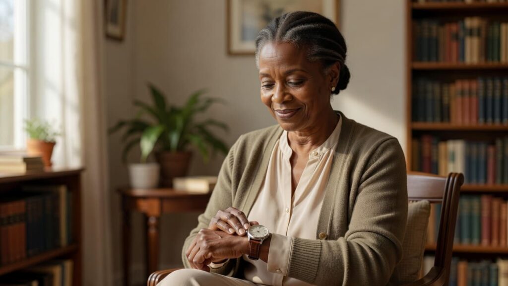 Mature woman checking her watch while sitting peacefully in a cozy room.