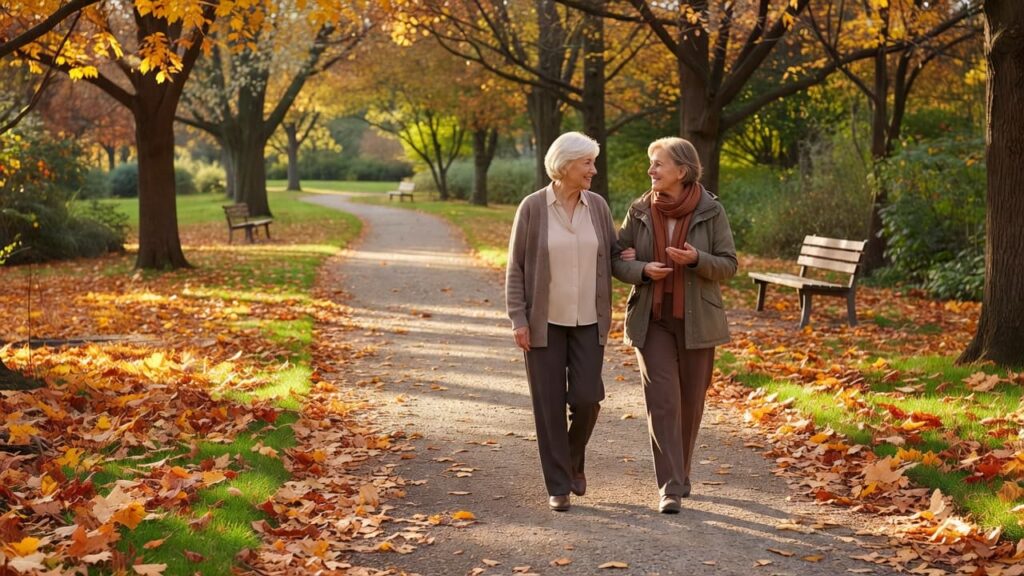 Two older women walking together through a park in autumn.