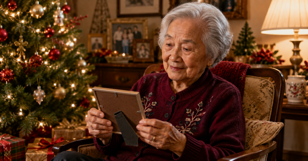 Older woman sitting beside a decorated Christmas tree, looking thoughtfully at a framed photograph.