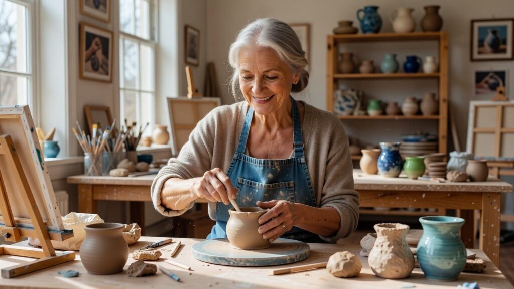 Older woman smiling while creating pottery in a bright home art studio.