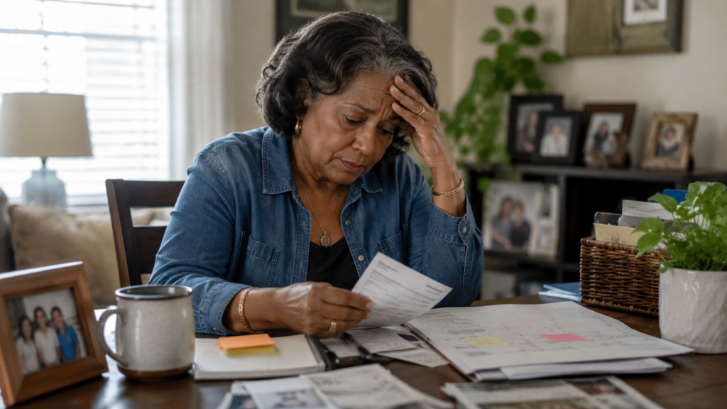 Woman over 50 feeling overwhelmed while reviewing bills and paperwork at home.