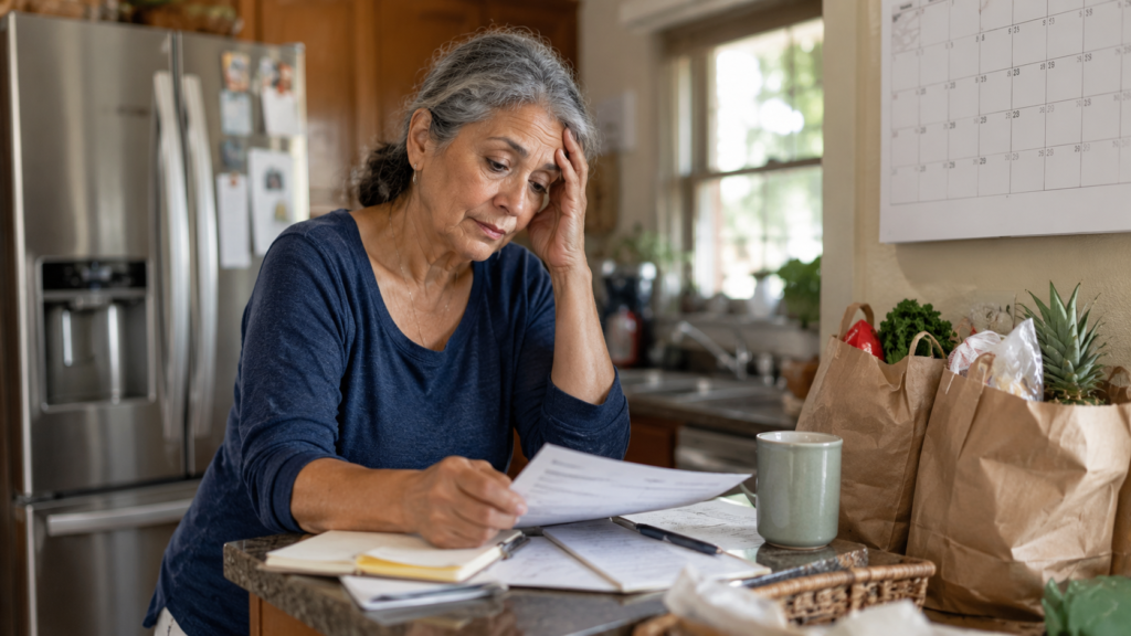 Woman over 50 reviewing paperwork and daily responsibilities in her kitchen