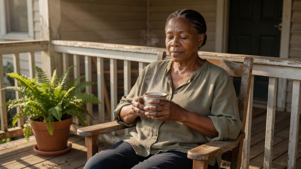Woman over 50 practicing stillness with a cup of tea on her porch.