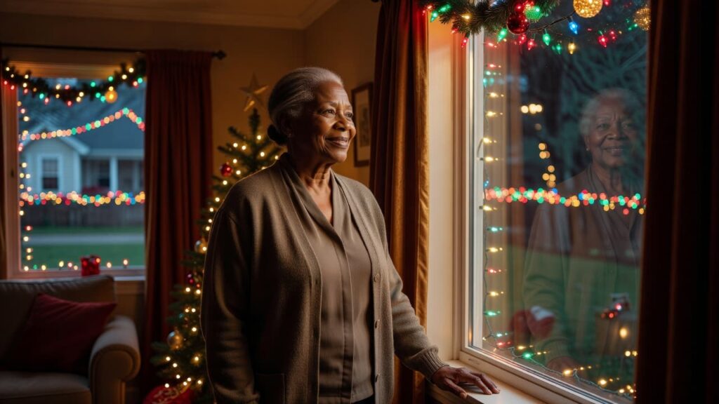 Older woman standing by a window, admiring colorful holiday lights and decorations at home.