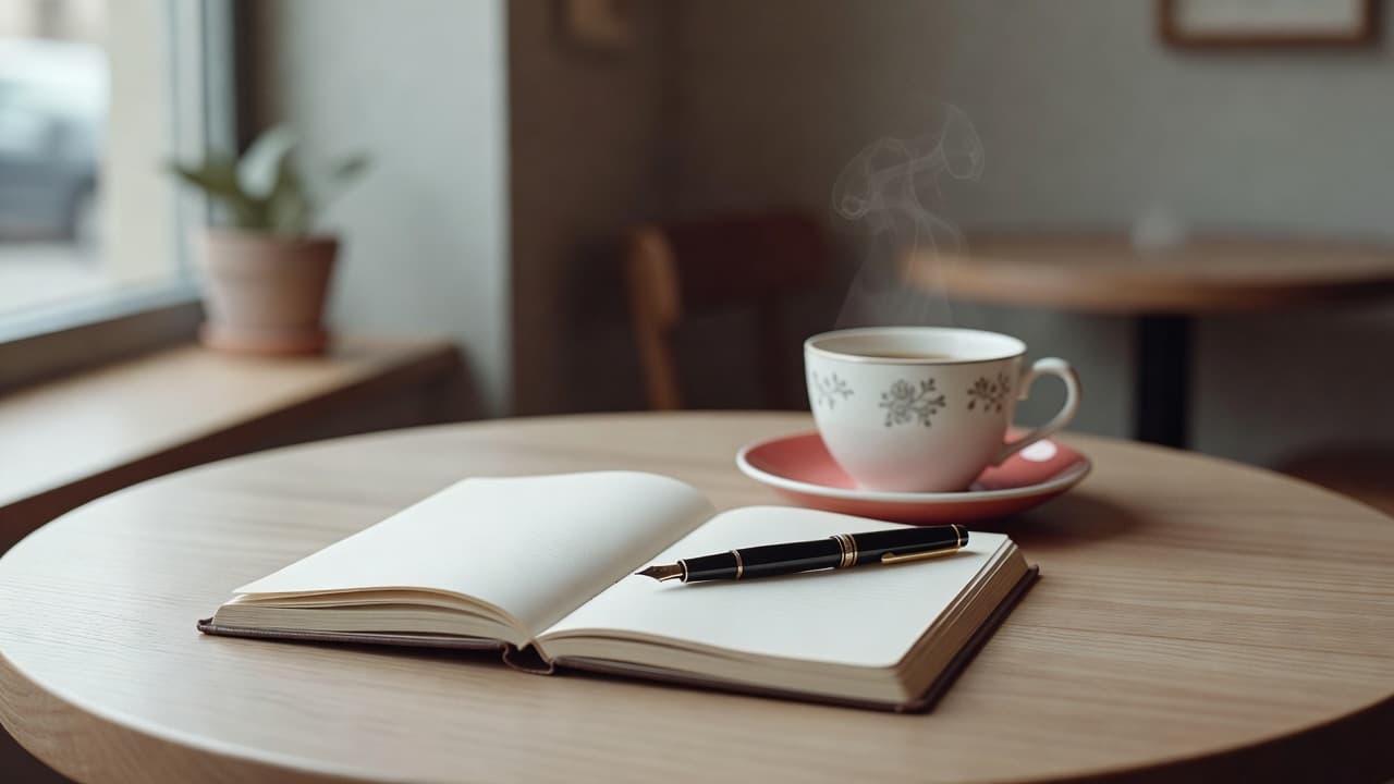 An open journal and hot tea on a wooden table.