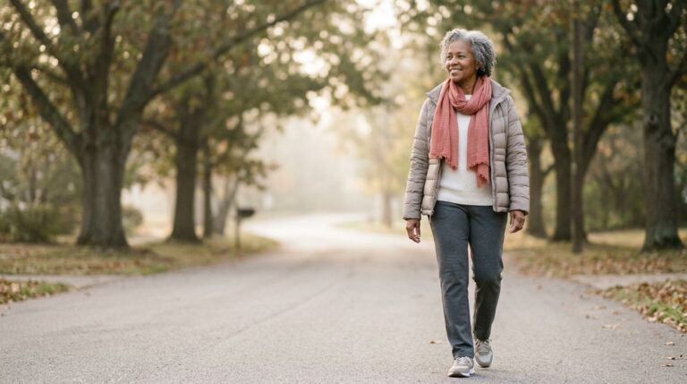 An older woman smiling gently during a peaceful morning walk on a tree-lined path.
