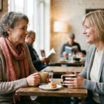 Two women in their sixties chatting over coffee at a small café table.