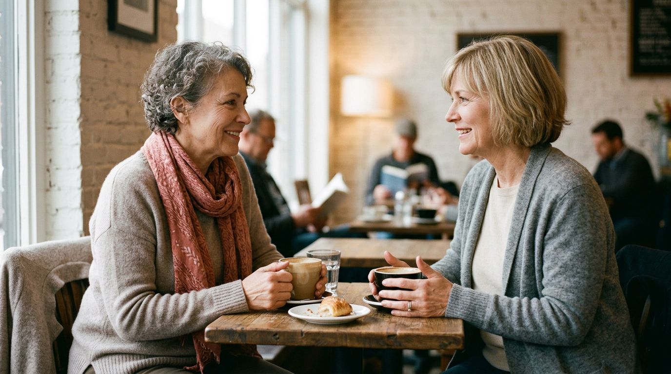 Two women in their sixties chatting over coffee at a small café table.