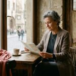 A woman studies a map beside a café window in a historic European city.