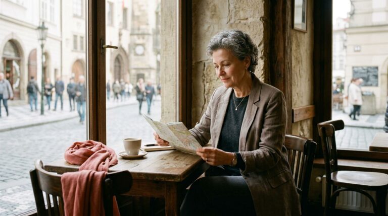 A woman studies a map beside a café window in a historic European city.