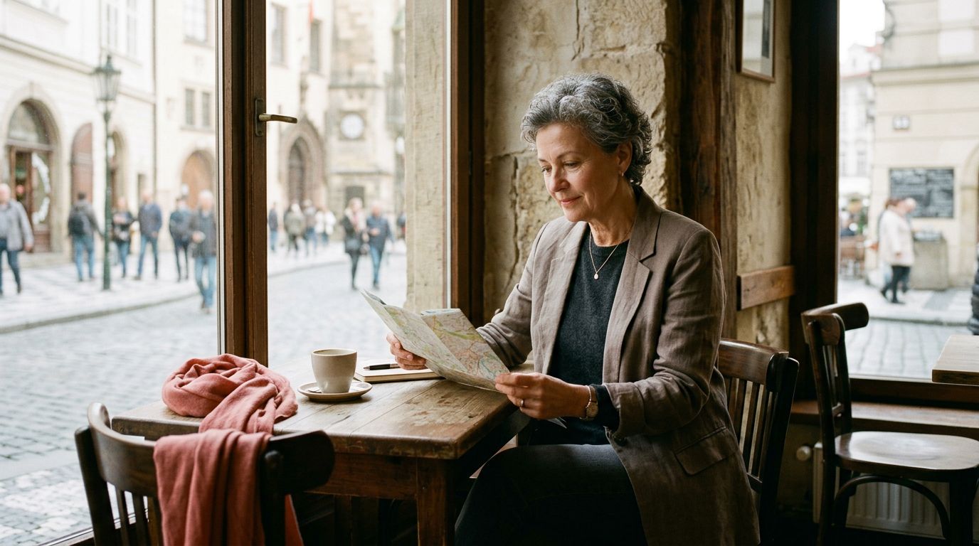 A woman studies a map beside a café window in a historic European city.