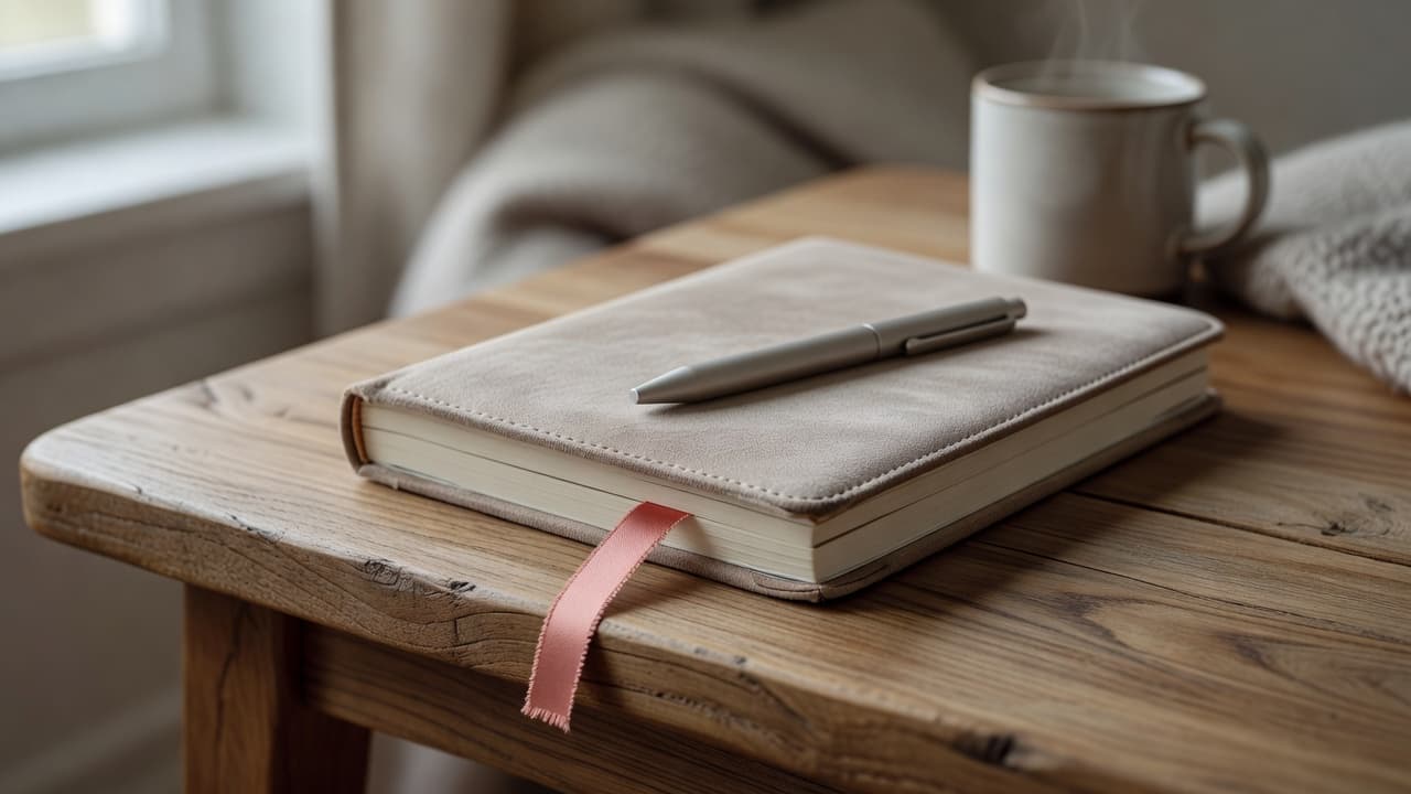 A closed journal and pen resting on a wooden table.