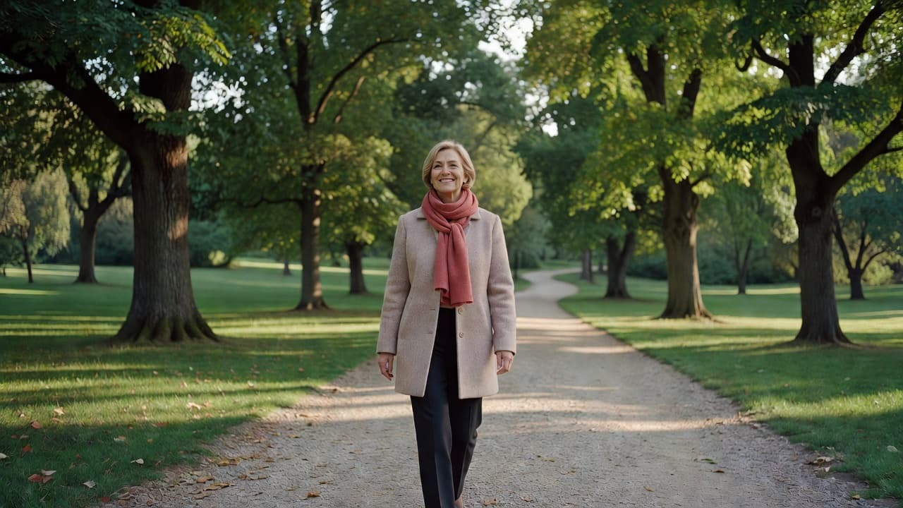 A mature woman in a coral scarf smiling during a peaceful morning walk in the park.