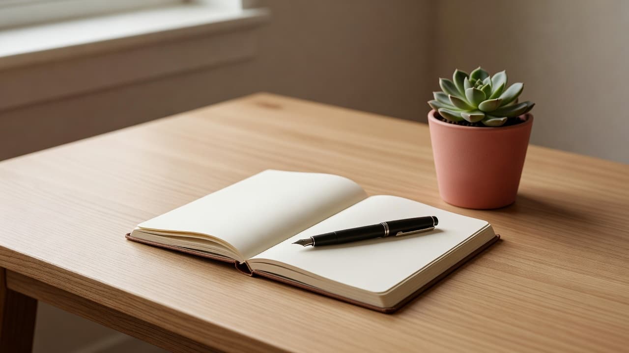 A journal and a small potted plant sitting on a clean wooden desk in soft natural light.
