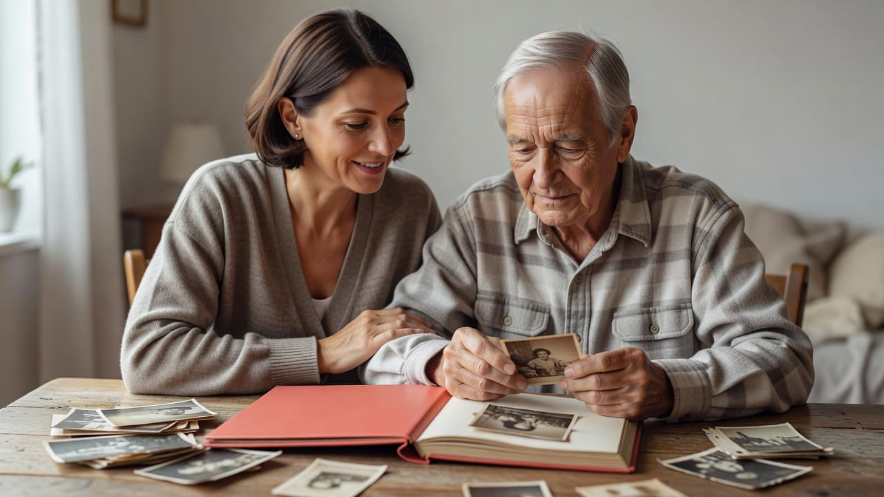 A middle-aged woman sits beside an elderly person at a rustic wooden table, carefully examining vintage black and white prints together. A dusty rose-colored photo album rests prominently between their hands.