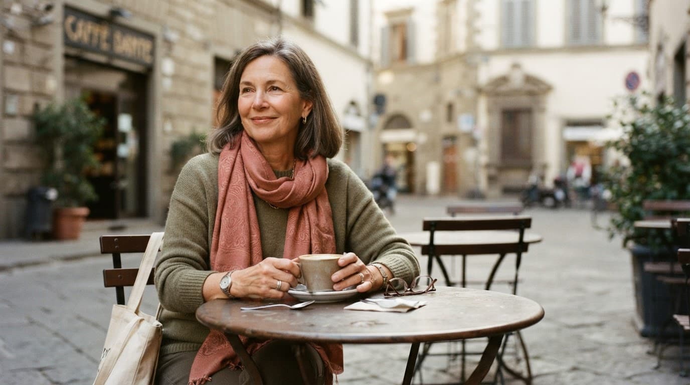 A woman enjoying coffee alone at a European cafe table.