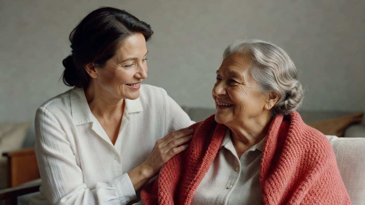 A middle-aged woman rests her hand gently on the shoulder of a smiling elderly person. They are dressed in neutral tones with a prominent dusty rose-coral knitted shawl providing warmth.
