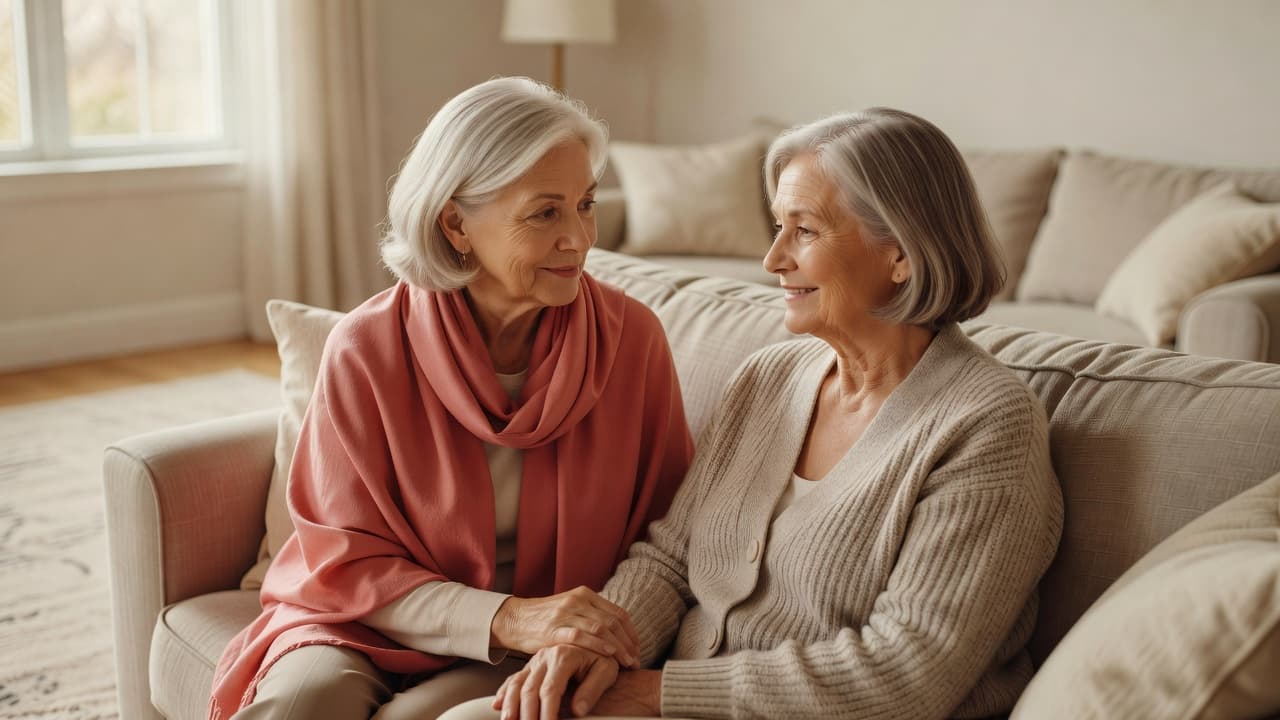 Two mature women sit together on a plush sofa, engaged in a heartfelt talk. One woman wears a soft coral scarf that stands out against the room's serene, neutral beige color palette.