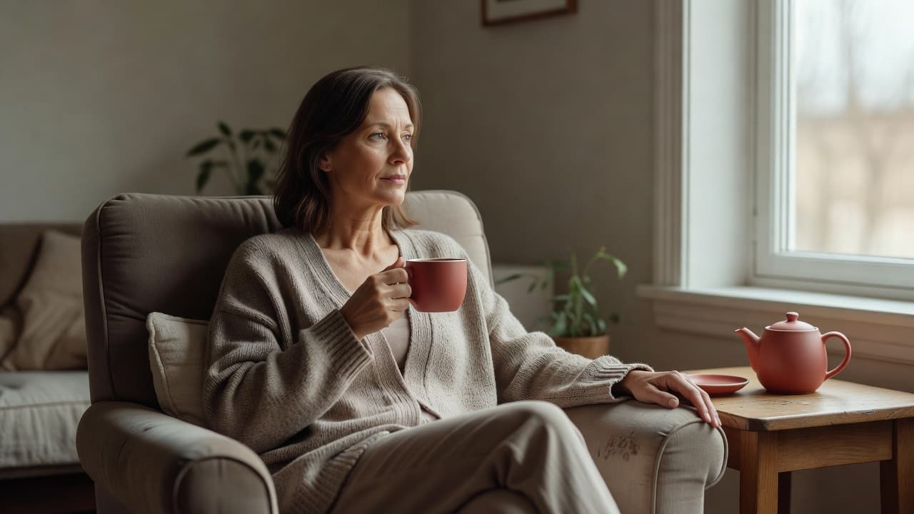 A middle-aged woman sits peacefully by a sun-drenched window, holding a coral-colored ceramic mug of tea. The soft, neutral room features warm textures and natural light highlighting her pensive expression.