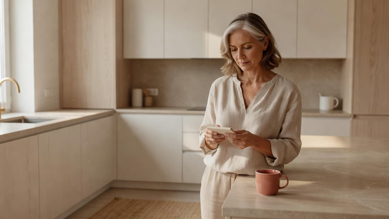 A mature woman standing in a sunlit kitchen looking at a notepad with a thoughtful expression.