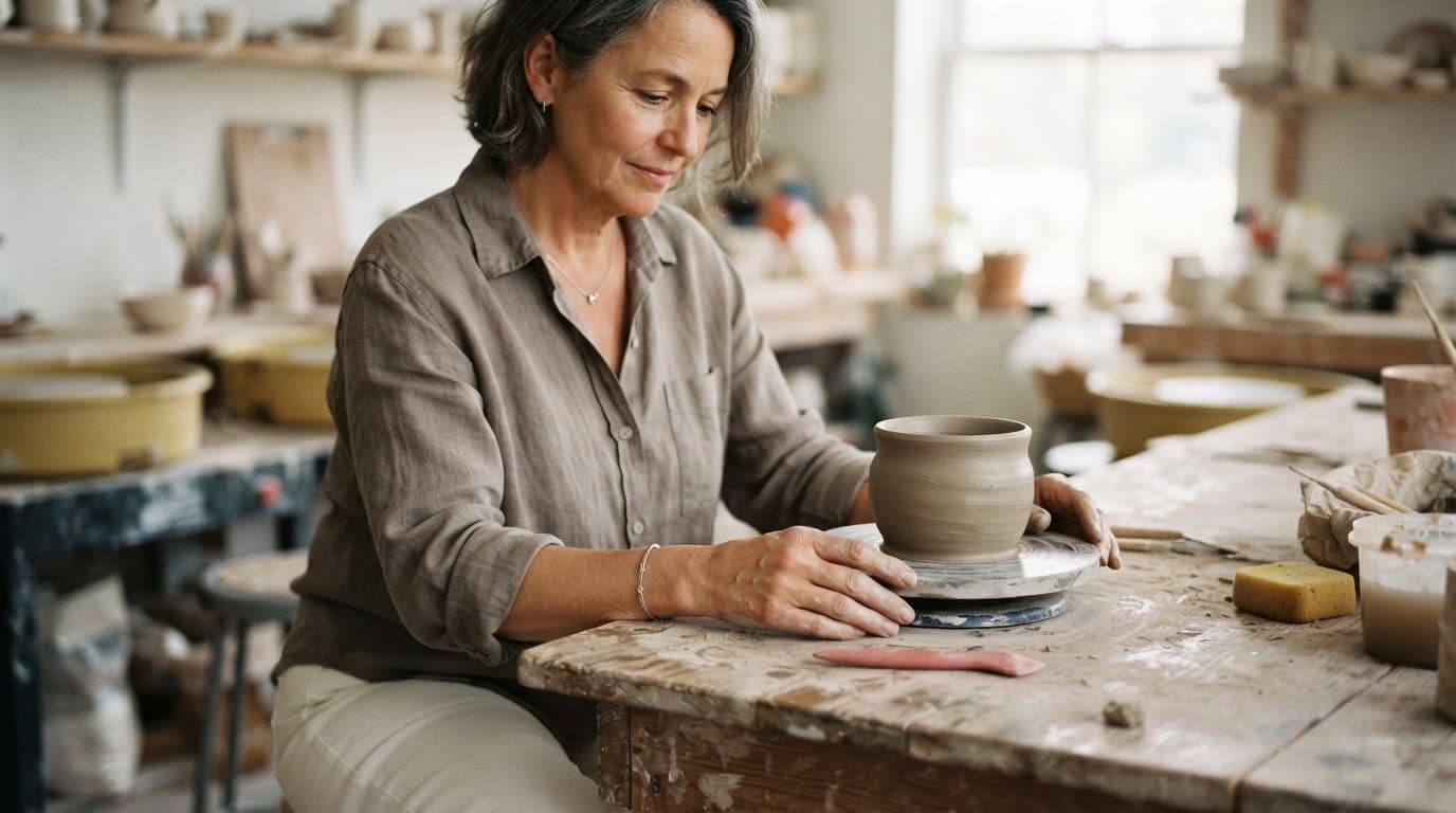 An older woman resting her hands near a clay pot at a pottery workshop.