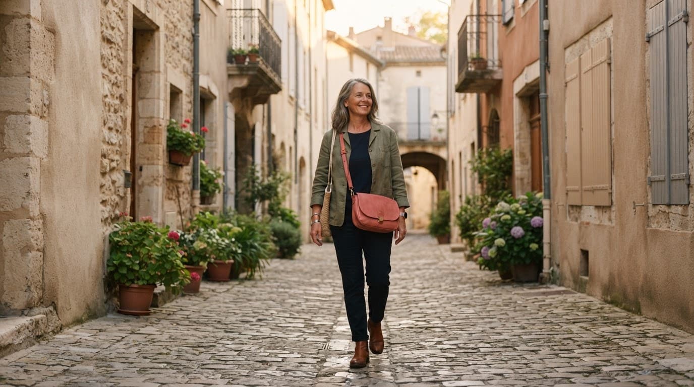 A woman with a cross-body bag walks along a sunlit historic cobblestone street.