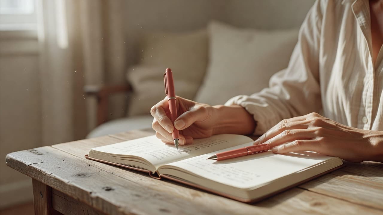Close-up of hands writing in a journal with a dusty rose fountain pen. Soft sunlight hits the paper while a blurred neutral background enhances the quiet, introspective atmosphere of the scene.