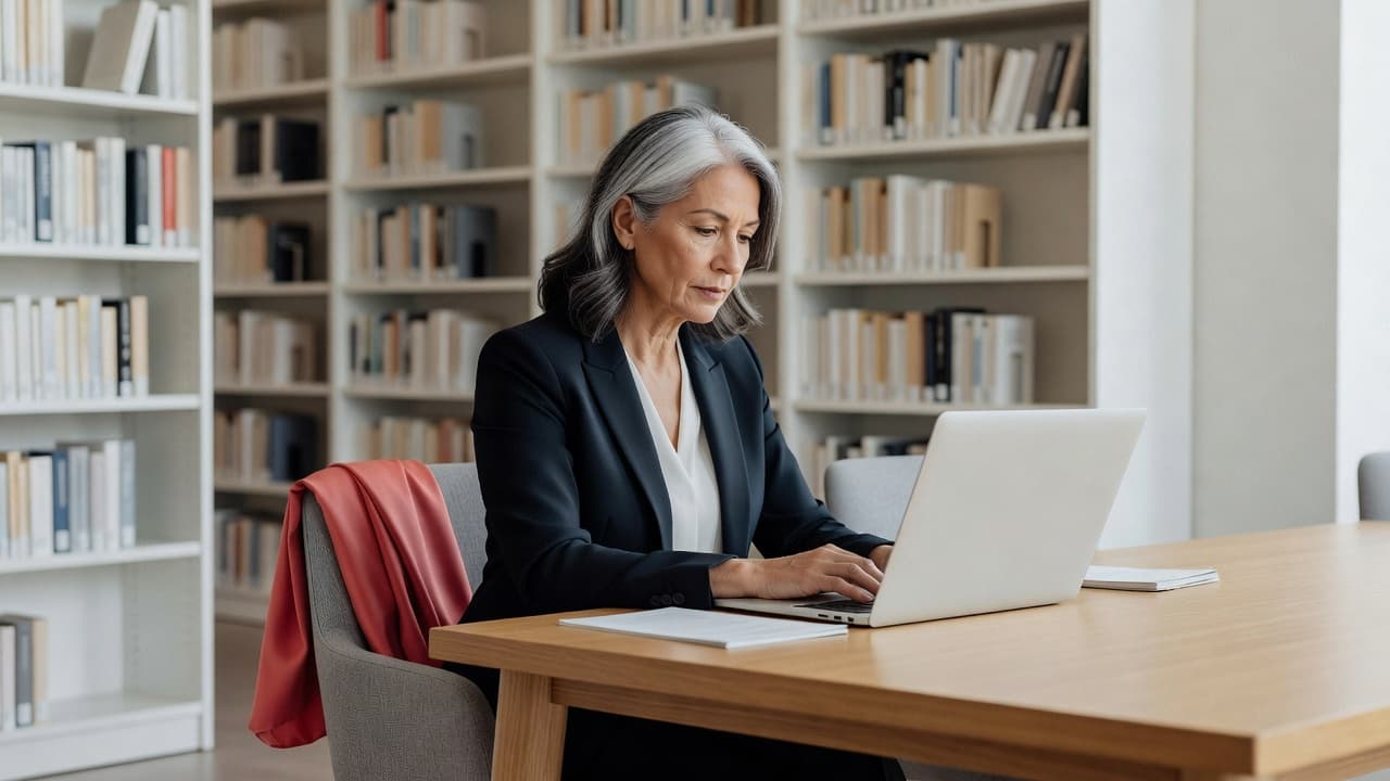 A mature woman concentrated on her laptop work inside a bright, modern library setting.