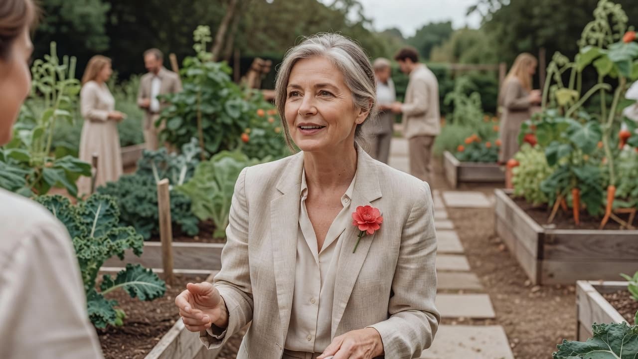 A smiling woman in neutral clothing stands in a garden and speaks with a person at a community event.