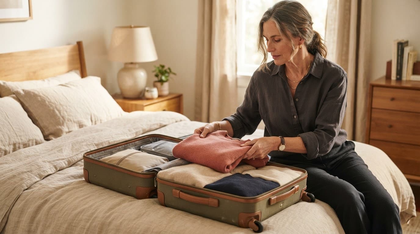 Woman packing clothes into a suitcase on a sunlit bed.