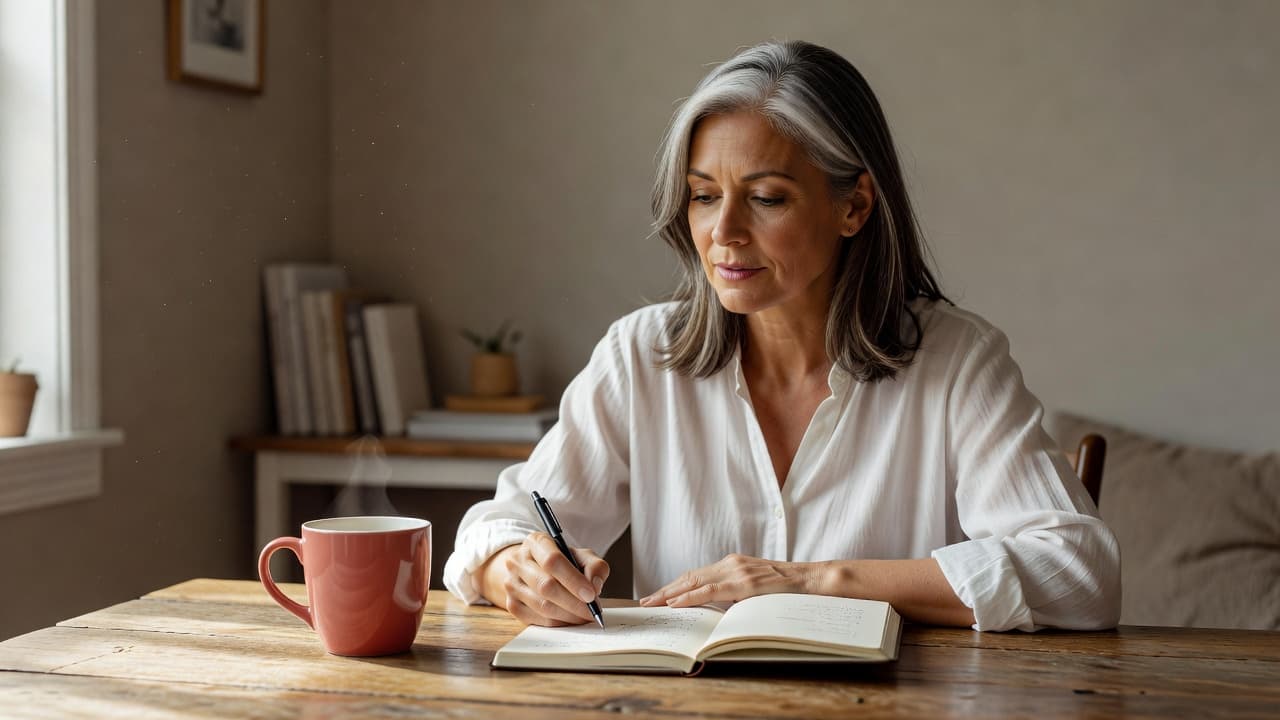 A mature woman sits at a sunny desk with a notebook, pen, and a coral mug of coffee.
