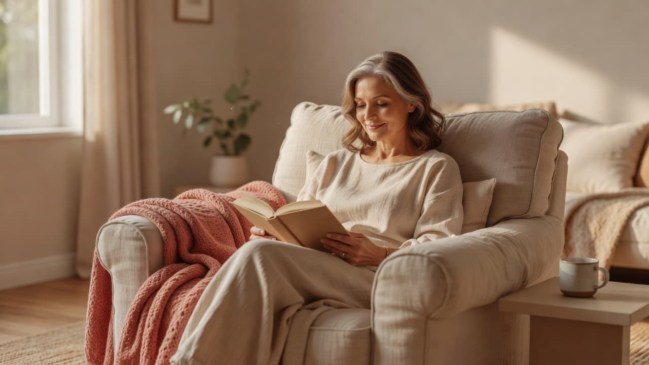 A mature woman reading a book while sitting peacefully in a comfortable armchair.