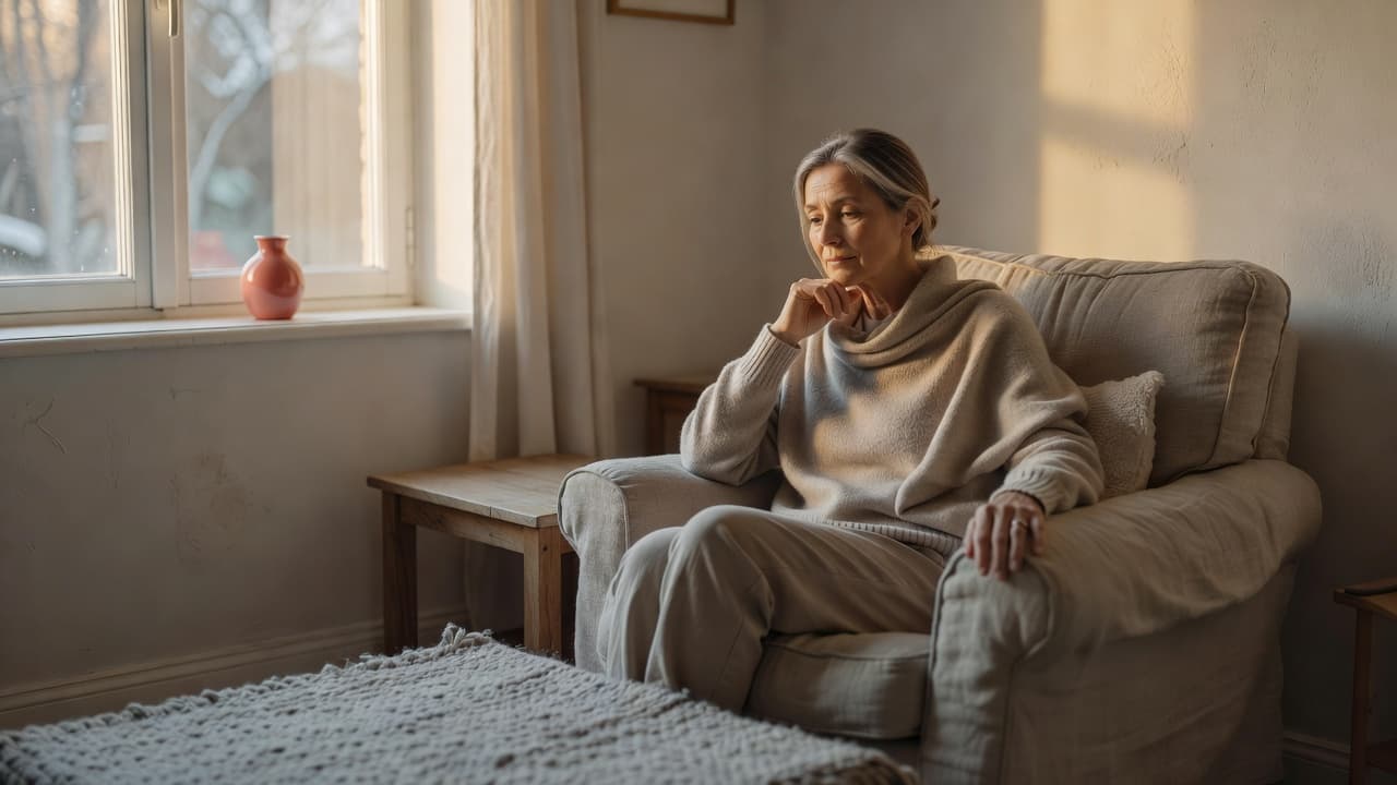 A woman over fifty sits near a bright window in a quiet room, her expression thoughtful. A small rose-colored vase rests on the sill amidst a palette of soft neutral tones.