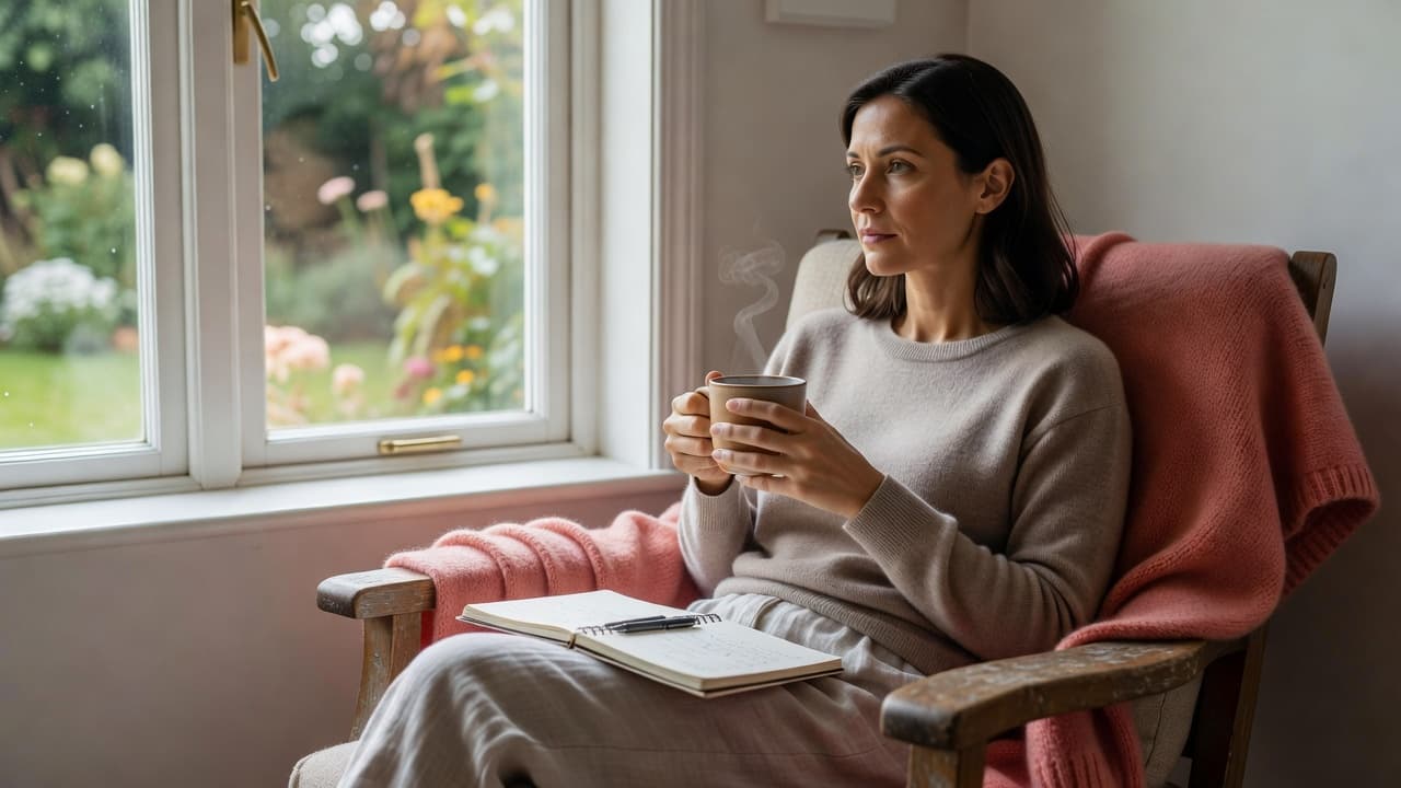 A woman holding a warm mug and looking out a bright window.