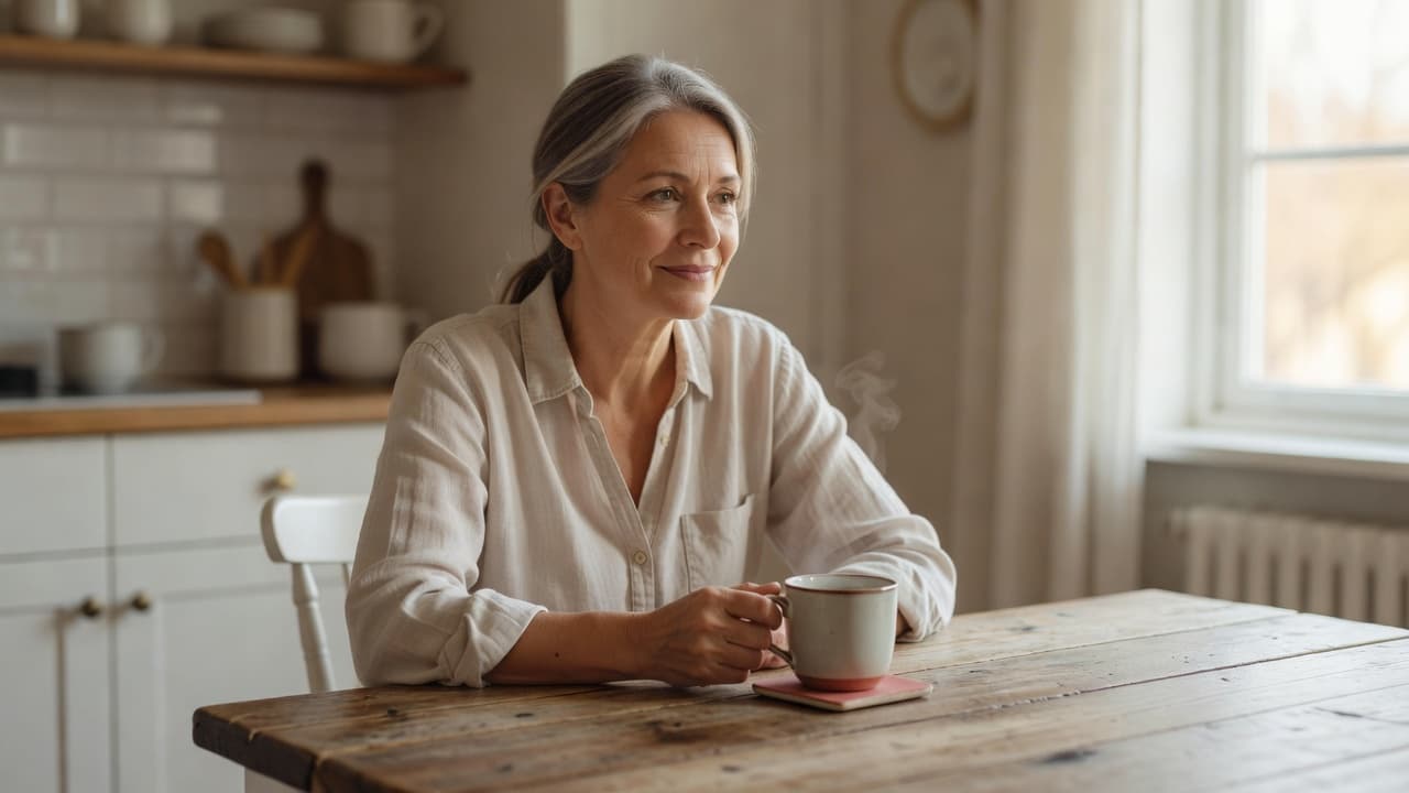 A woman sits at a wooden table holding a warm tea cup.