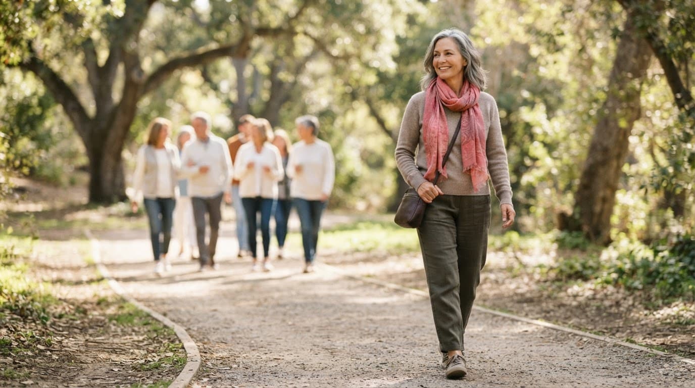 A smiling woman in a pink scarf walking along a sunlit park path with a group behind her.