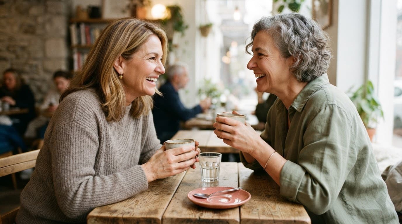 Two women in their fifties smiling and talking over coffee at a rustic wooden cafe table.