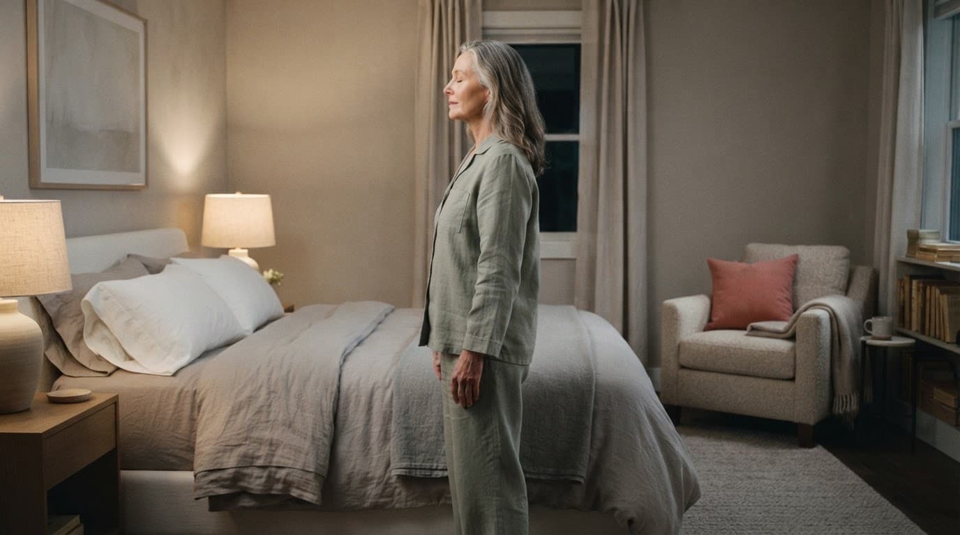 Woman practicing calm breathing beside a bed in a softly lit bedroom.