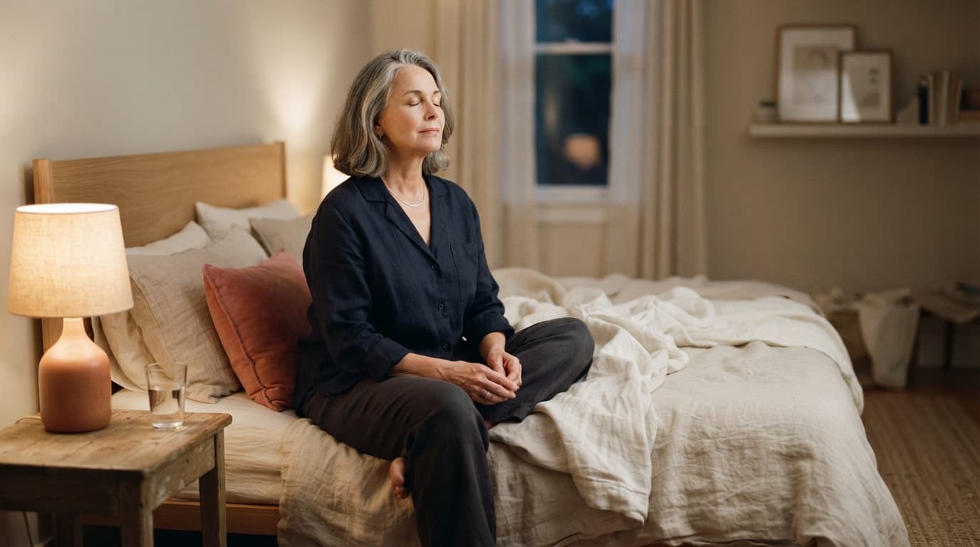 Woman practicing slow breathing on a bed in a softly lit bedroom.