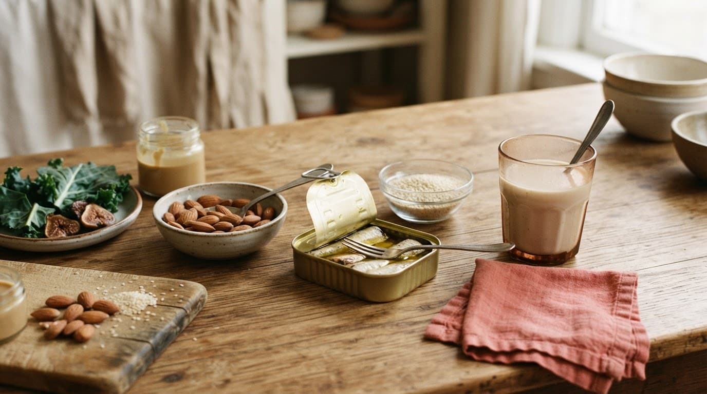 Calcium-rich foods arranged on a rustic table with a glass of plant milk.