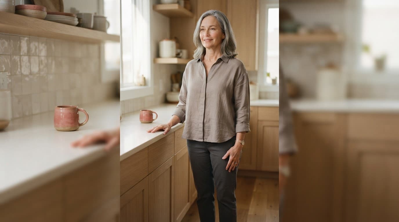 Woman standing calmly beside a kitchen counter in soft morning light.