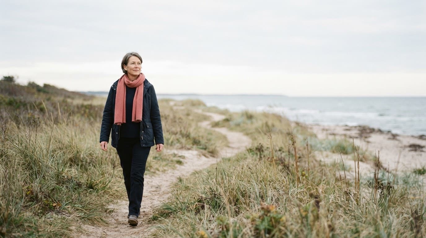 A woman walks alone on a quiet coastal path wearing a dusty rose scarf.